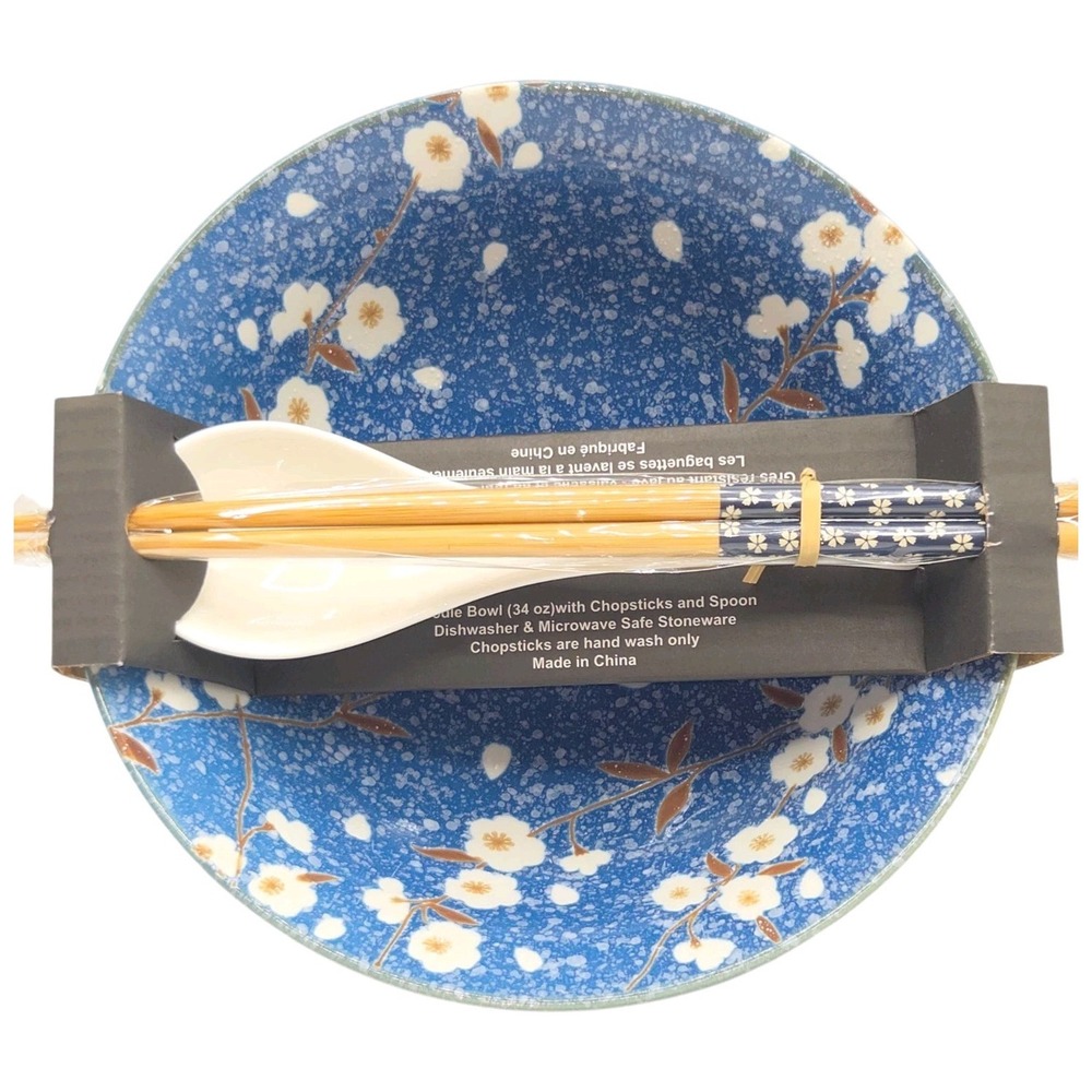 SH Home Sakura Cherry Blossom Ceramic Ramen Noodle Bowl Blue w/ Chopsticks Spoon